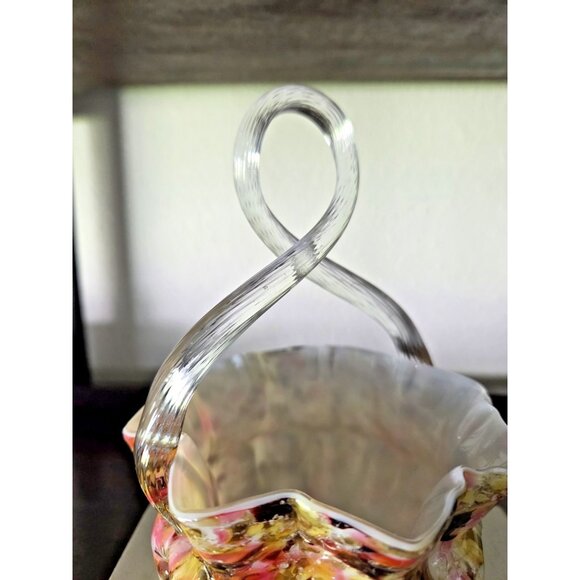 End of Day Cased Splatter Art Glass Basket w/ Silver Aventurine & Rope Handle 7" - Picture 3 of 9